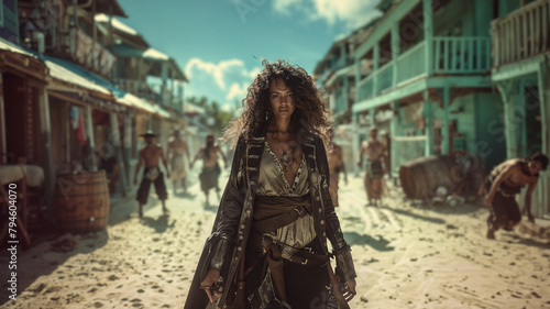 Pirate woman walks down Caribbean street