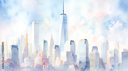 淡い色彩の高層ビルが建ち並ぶ都市の水彩イラスト風景