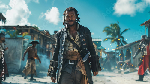 Diverse Pirate captain walks through a Caribbean town