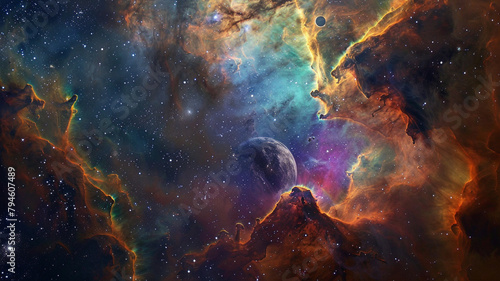 A spectacular view of a nebula, bursting with colors that seem to tell the story of the universe, with a planet perfectly positioned to witness this tale