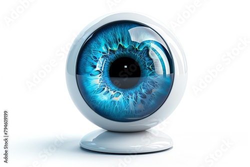 A blue eyeball with a black pupil in a white casing.