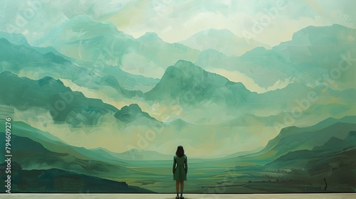 a painting of a woman standing in front of a mountain range with a sky background and clouds in the sky