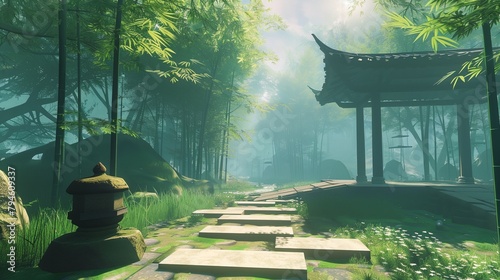 a path in a forest with a pagoda in the background