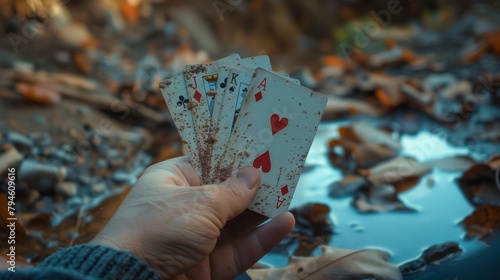 a hand holding four playing cards in front of a puddle of water