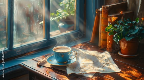a cup of coffee next to a window
