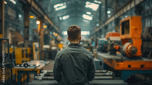 a man in a factory looking at machinery