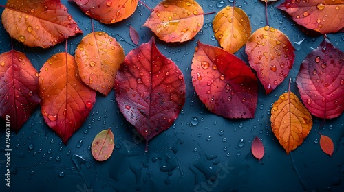 a group of leaves with water droplets on them on a blue surface