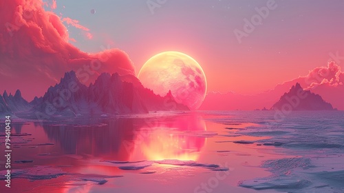 a painting of a sunset over a body of water with mountains in the background and a large moon in the sky