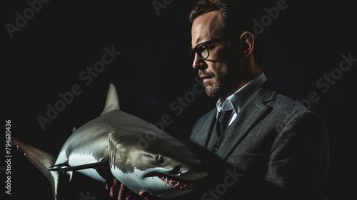 a man in a suit holding a shark model in his hands