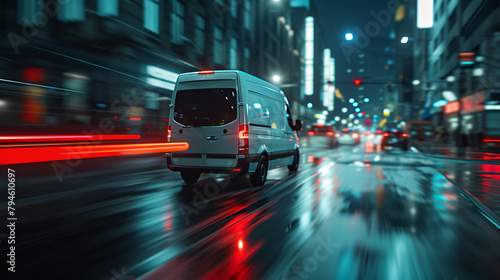 a van driving down a city street at night time