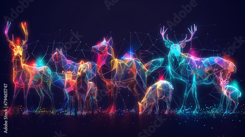 Low poly animals illuminated by neon light, representing the natural instincts of communication in a digital ecosystem