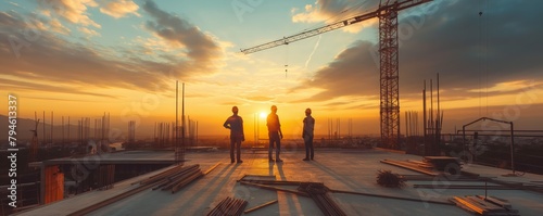 Industrial landscape bathed in golden light as steelwork takes shape at a new construction site.