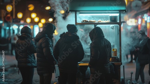 A group of locals gathers around a hidden food cart in the late hours of the night backs turned to the camera as they eagerly . .