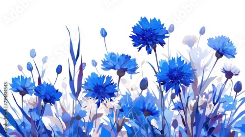 A stunning blue cornflower stands out against a white backdrop in this charming cartoon illustration of Centaurea cyanus