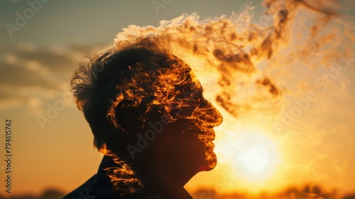A powerful image of a senior man's silhouette against a setting sun, with parts of his head turning into wisps of smoke and drifting away, evoking the sense of losing parts of oneself.