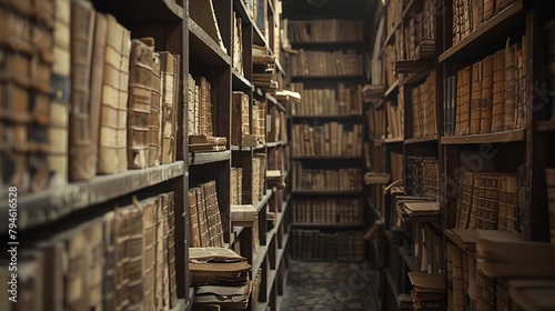 A quiet study filled with ancient religious texts, the shelves lined with manuscripts that hold centuries of theological knowledge and wisdom.
