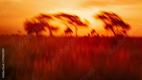 A blur of animals their distinct shapes ly visible against a backdrop of brilliant oranges and deep reds in the savanna sunset. .