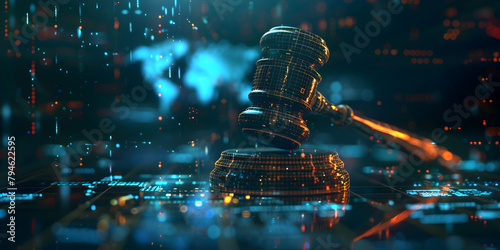 Judge's gavel on digital background The concept is cyber law and justice . 