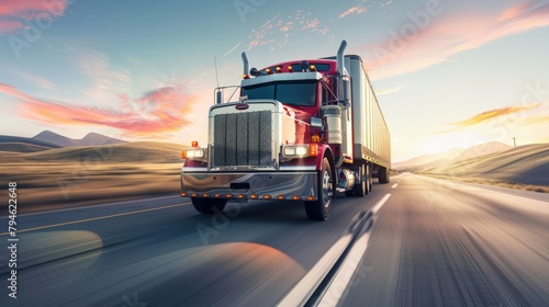 An iconic, brightly colored truck cruising along a desert freeway, the heat haze and the blurred scenery alongside creating a sense of speed and the timeless allure of cross-country trucking.