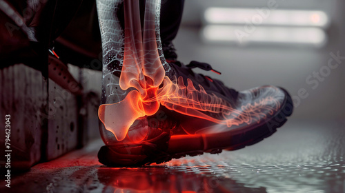 X-ray of a foot highlights the joint pain coming form the heel