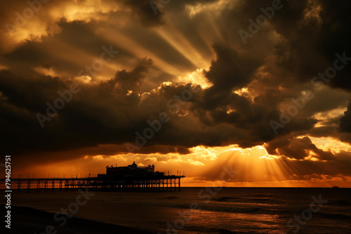 Dramatic Sunbeams Through Clouds Over Ocean Pier 