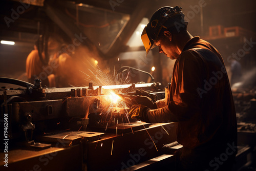 welder expertly welding fuses metal, surrounded by a backdrop of bokeh lights and sparkling accents that enhance the atmosphere of the workshop.