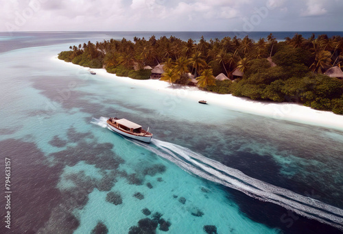 'coastline view Aerial boat Island Maldives Huluwalu archipelagos sailing Water Beach Travel Nature Building Sea Wave Luxury Hotel Ocean Tropical Vacation Sand Holiday Boat Beautiful Natural Island'