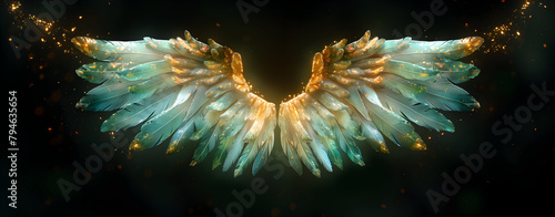 Angel mythology, mystery: colorful arty spreaded angel wings on black background. A magic inspiration, beautiful mystic wall art, poster, tattoo template etc.