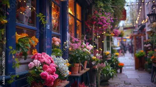 A picturesque scene of a florists shop the windows bursting with brilliant blossoms that seem to glow against the muted city street outside. .