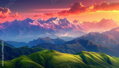  A breathtaking view of the Himalayas at sunrise, with snowcapped peaks and lush green hills below
