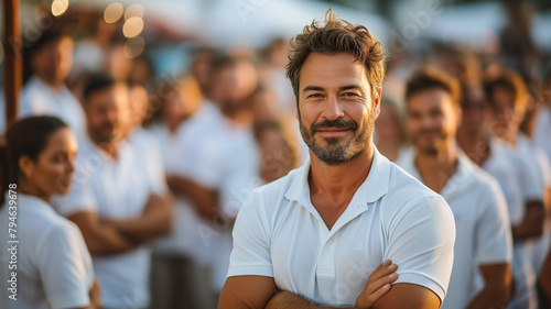 A man with a big smile on his face is surrounded by a group of people. Multiracial work team concept