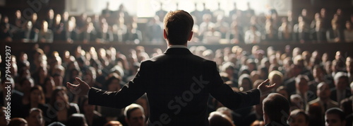 This is a back view of a man in a suit giving a speech while raising both hands and gesturing in front of a crowded conference hall audience. Generative AI