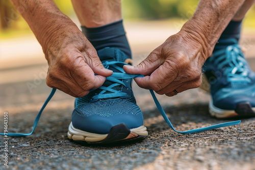 A close-up of an elderly person's hand tying the shoelaces of sneakers or running shoes. sports, exercise concept. Generative AI