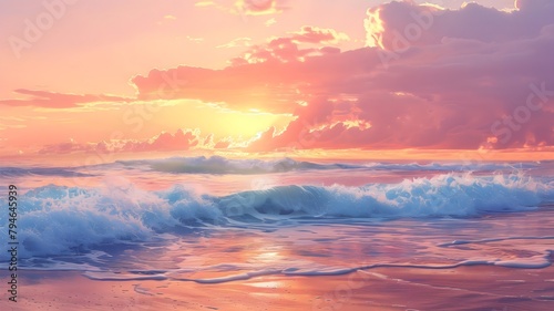 Gentle waves serenade the sandy coast as the sun bids farewell, painting the sky with hues of orange and pink. 