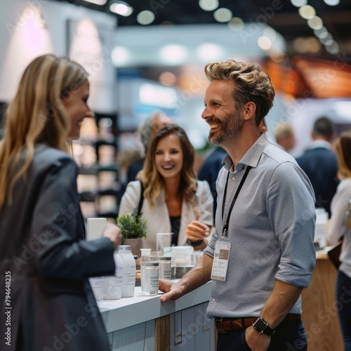 dynamic trade show moment, Professionals chat and laugh, with one man in his thirties smiling amid colleagues, against backdrop of product displays.