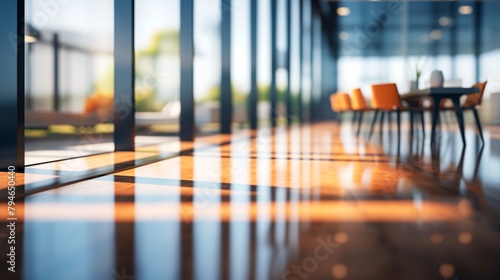 Blurred background image of a large hallway in a modern office (easy to use for a banner)
