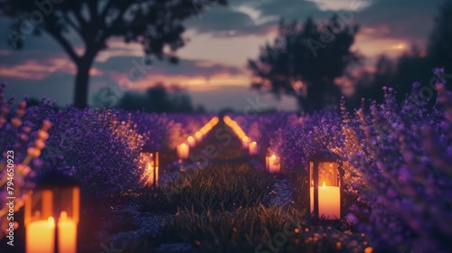 A tranquil evening walk through the lavender fields guided by the glow of lanterns and the sound of gentle rustling leaves. 2d flat cartoon.