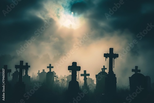 A dark graveyard with silhouettes of tombstones and crosses against the background of foggy clouds