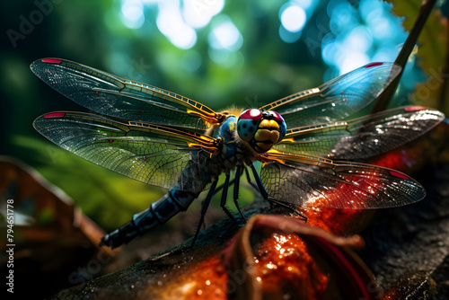 Detailed view of a dragonfly perched delicately on a branch in its natural habitat.