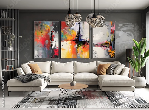 3 abstract paintings on the wall of an elegant modern living room with a white sofa, dark gray walls and colorful decorations