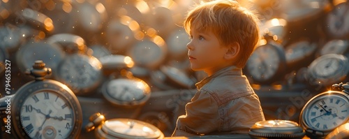 Reflective Boy Amid Antique Pocket Watches in Golden Glow