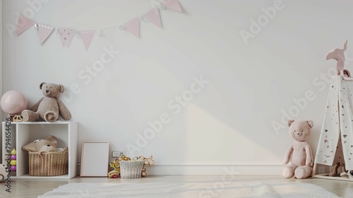 Cozy child's room with teddy bears and toys - A warmly lit corner of a child's room with cuddly teddy bears, toys, and soft pink decorations for a nurturing environment