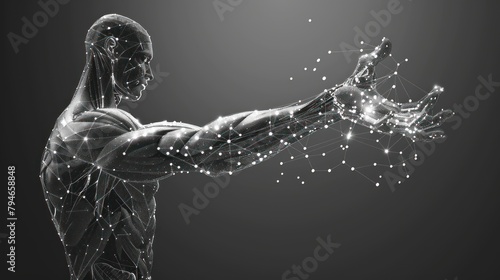 male hand muscles connected dots low poly wireframe. Polygonal physical strength, bodybuilder, athlete body mesh art AI generated