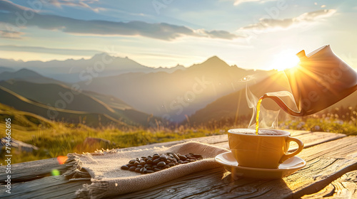 cafetiere italienne qui verse du caf dans une tasse, en arriere plan decors montagneux avec leve de soleil, ambiance chaleureuse