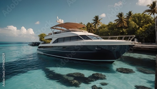 Resort's private boat is landed in a harbor for picking up their guest during September trip in Maldives. Ai Generative.