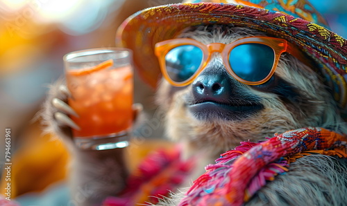 A funny sloth drinks a summer cocktail in the shade while lying in a hammock in the rainforest near the beach.