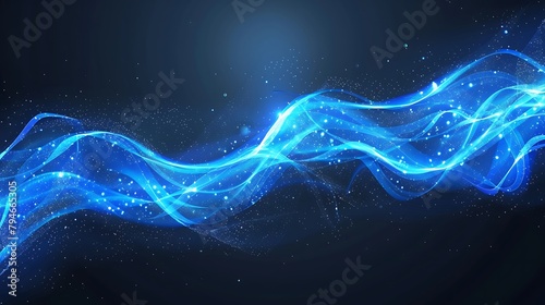 Abstract blue wavy line of light with a transparent background. Light glowing effect. Light trail wave, fire path trace line and incandescence curve twirl. Generative Ai
