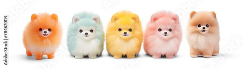A lineup of miniature Pomeranian toys in pastel colors.