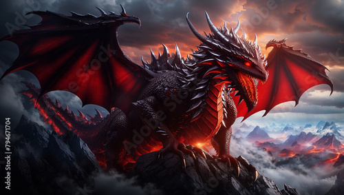 A black dragon with red wings is perched on a rock in front of a stormy sky. The dragon has its wings spread out and is looking to the left of the frame. The background is a dark, stormy sky with clou