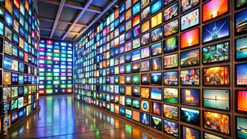Wall of Televisions Showcases Colorful Broadcasts, Celebrating Diverse Hobbies and Interests.